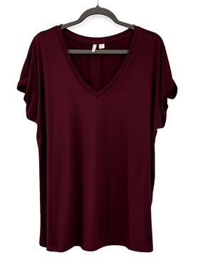 Rich Burgundy V-Neck Short Sleeve Soft Drape Stretch T Shirt Mid Size Fashion XL